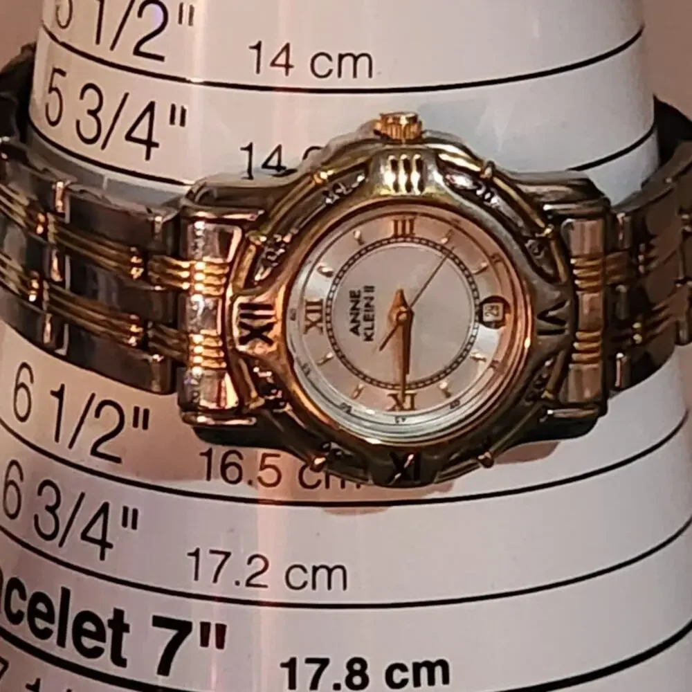 Anne Klein II Women's Quartz Date Watch Mother Of Pearl Gold-Silver Tone 1980's